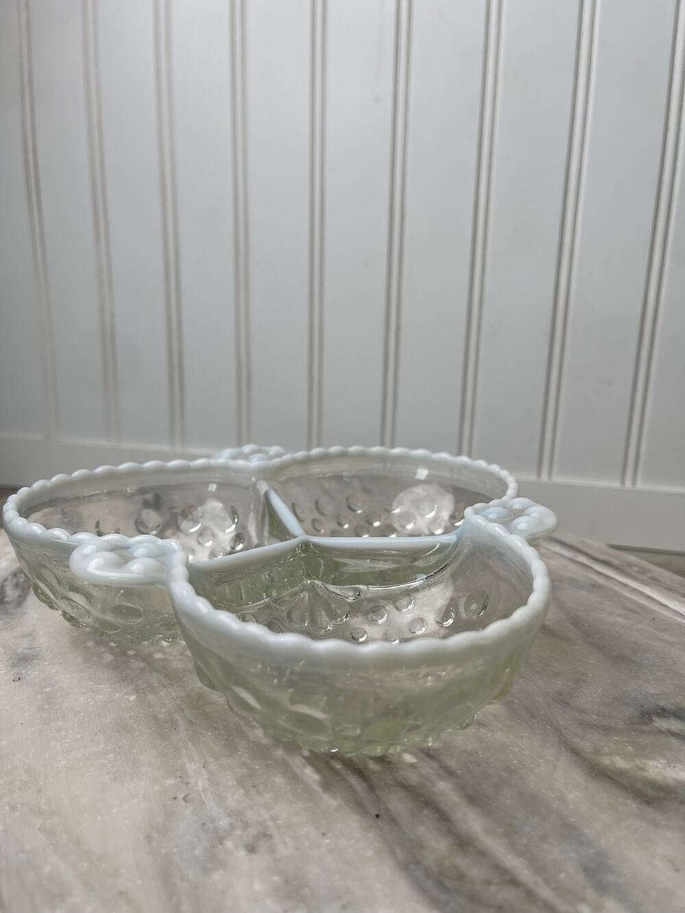 Relish Dish Fenton Silver Crest Milk Glass Divided Bowl 3-Part Crimped Edge VTG